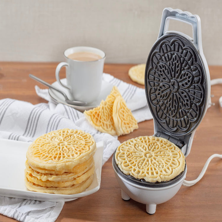 Mini Electric Holiday Pizzelle Maker- Makes 1 Personal Tiny Sized 4" Traditional Italian Waffle in Minutes- Nonstick Iron Press w Recipes- Dessert Cookie Treat or Housewarming Baking Xmas Gift for Her