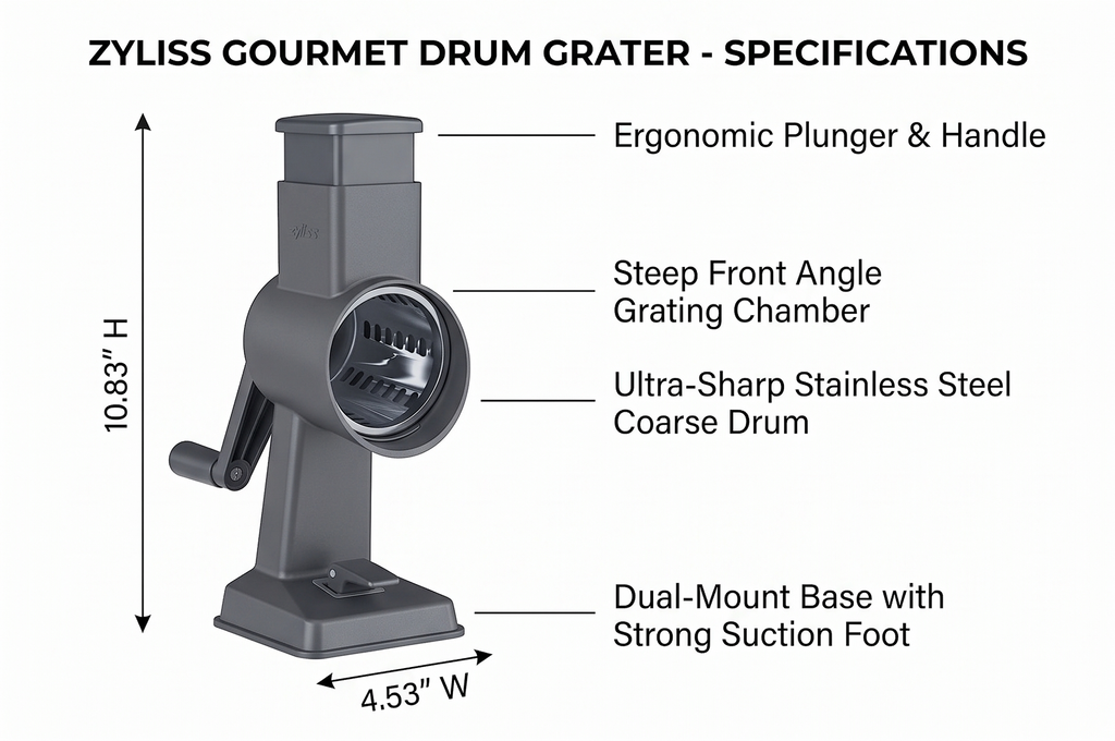 Zyliss Gourmet Drum Grater - Multipurpose Kitchen Grater for Vegetables, Hard Cheeses, Nutes, Fruits & Chocolates - Simplify Healthy Meal Prep - Shredder for Countertop Use - Single
