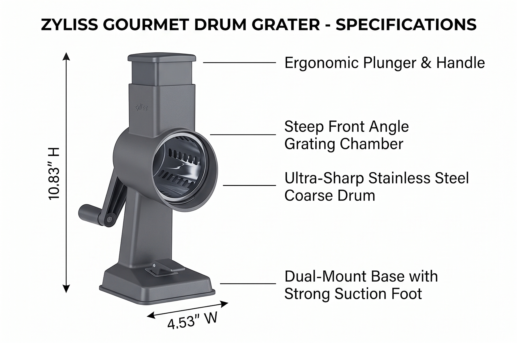 Zyliss Gourmet Drum Grater - Multipurpose Kitchen Grater for Vegetables, Hard Cheeses, Nutes, Fruits & Chocolates - Simplify Healthy Meal Prep - Shredder for Countertop Use - Single