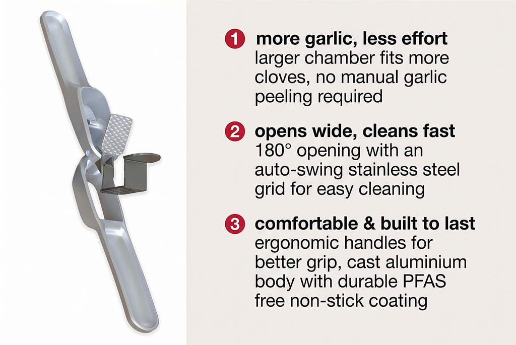 Zyliss Susi 4 Garlic Press - Garlic Crusher for Efficient Mincing - Odor-Free Hands - Large Chamber Made of Durable Stainless Steel - Mess-Free Kitchen Gadget - PFAS-Free Non-Stick Coating - Silver