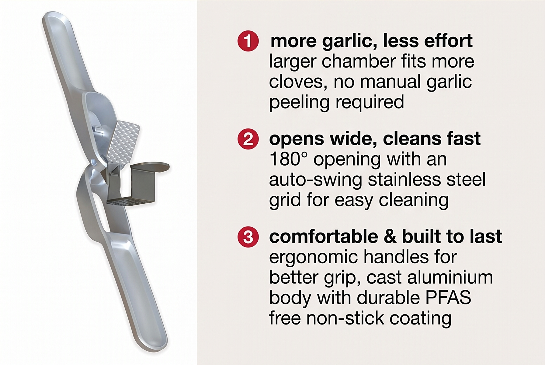 Zyliss Susi 4 Garlic Press - Garlic Crusher for Efficient Mincing - Odor-Free Hands - Large Chamber Made of Durable Stainless Steel - Mess-Free Kitchen Gadget - PFAS-Free Non-Stick Coating - Silver