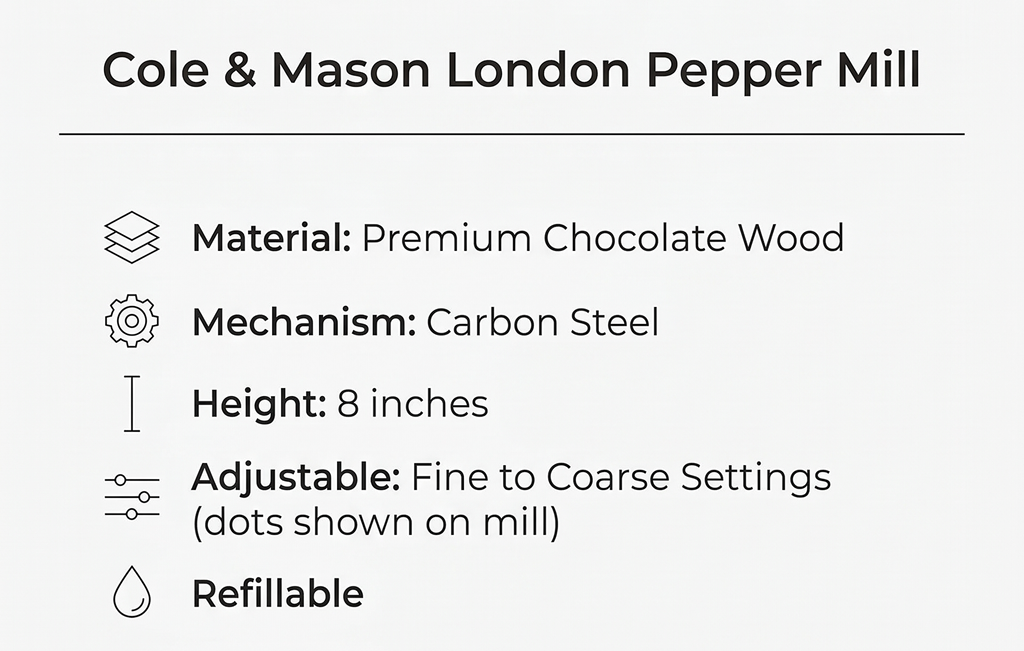 Cole & Mason London Pepper Mill – Refillable Spice Shakers with a Premium Wood Design - Adjustable for Fine to Coarse Seasonings - Uses Carbon Steel Mechanism - Chocolate Wood, 8"