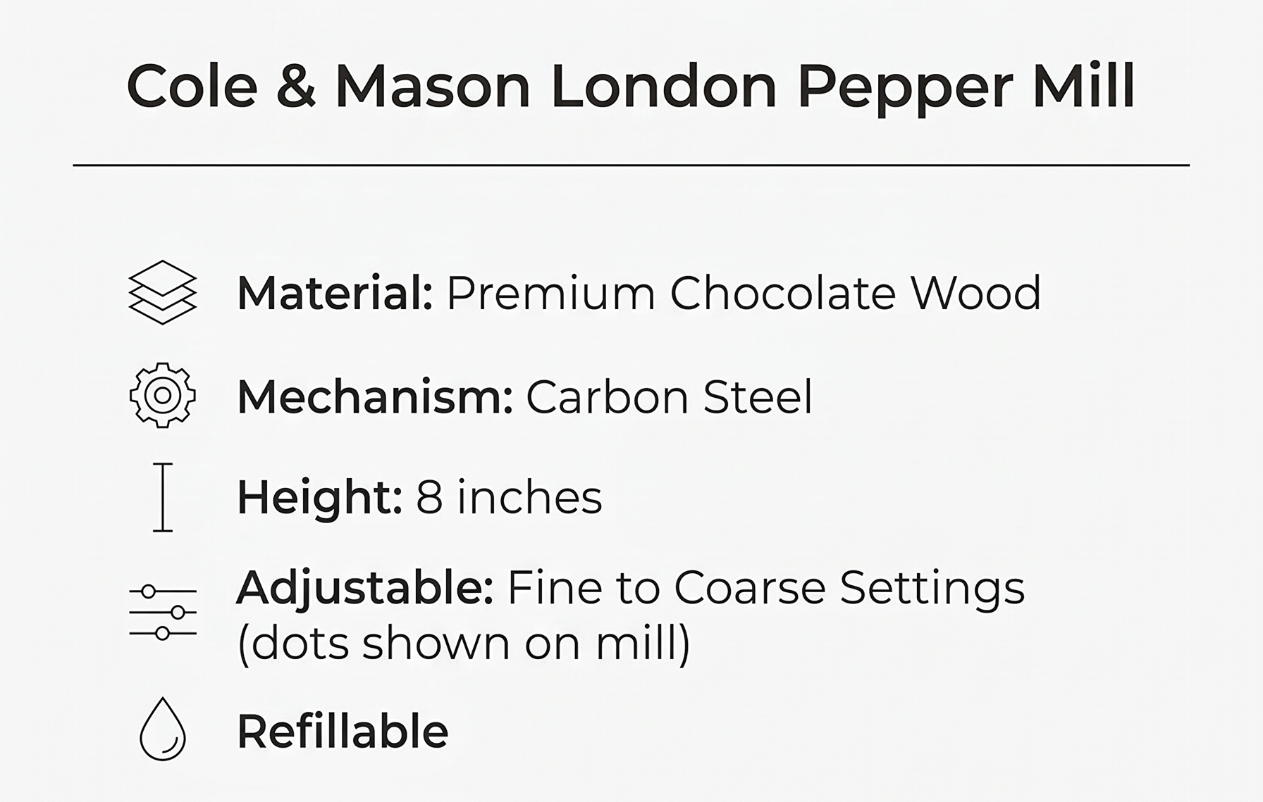 Cole & Mason London Pepper Mill – Refillable Spice Shakers with a Premium Wood Design - Adjustable for Fine to Coarse Seasonings - Uses Carbon Steel Mechanism - Chocolate Wood, 8"