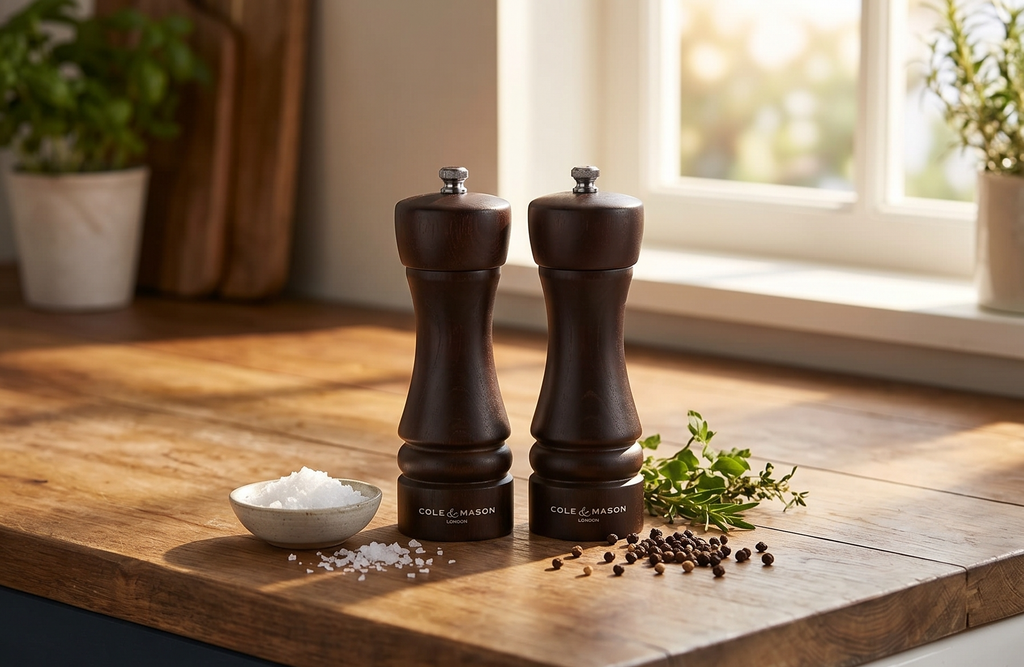Cole & Mason London Salt & Pepper Mill Gift Set - Refillable Spice Shakers with a Premium Wood Design - Adjustable for Fine to Coarse Seasonings - Uses Carbon Steel Mechanism - Chocolate Wood, 7”