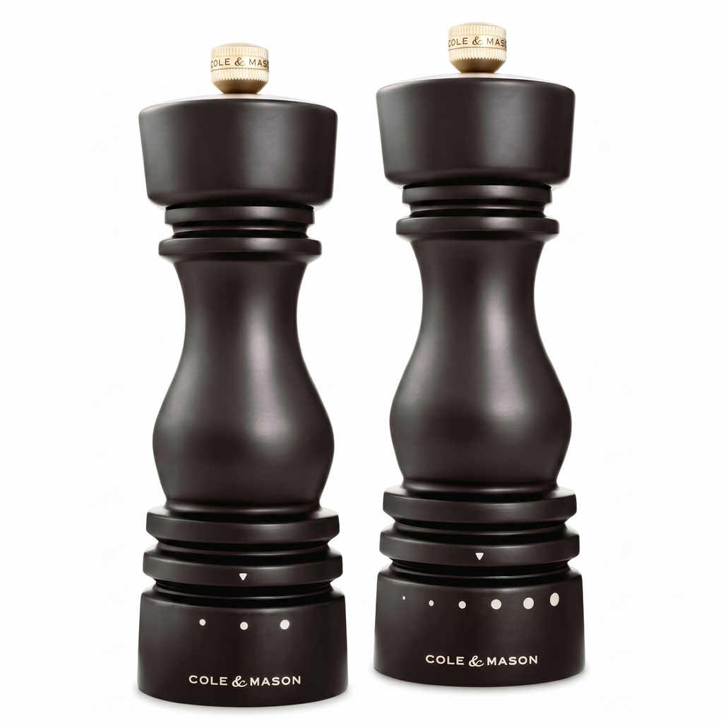 Cole & Mason London Salt & Pepper Mill Gift Set - Refillable Spice Shakers with a Premium Wood Design - Adjustable for Fine to Coarse Seasonings - Uses Carbon Steel Mechanism - Chocolate Wood, 7”