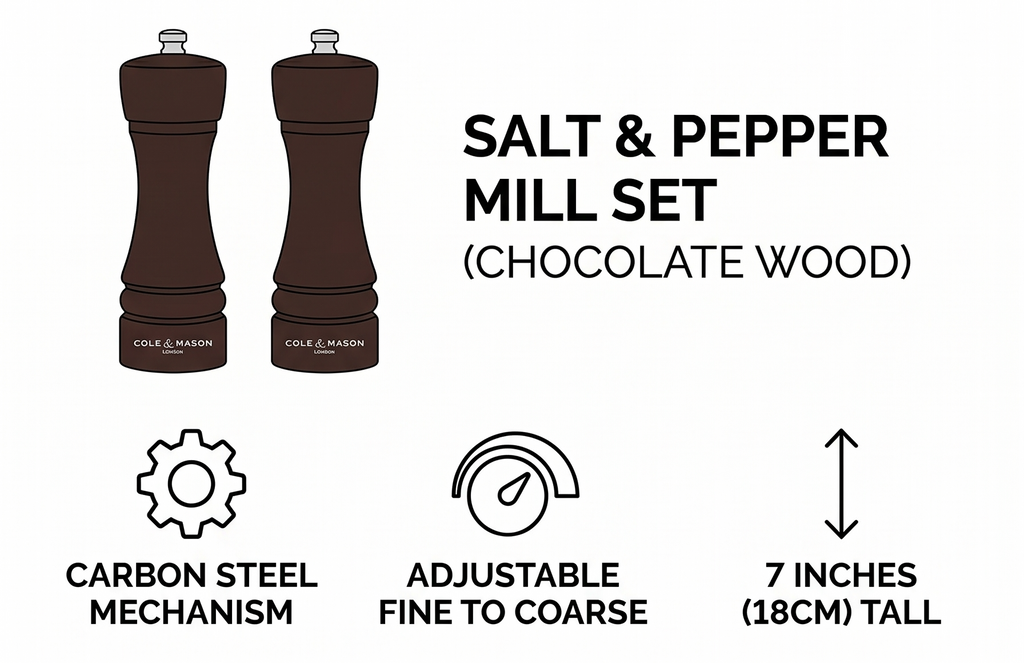 Cole & Mason London Salt & Pepper Mill Gift Set - Refillable Spice Shakers with a Premium Wood Design - Adjustable for Fine to Coarse Seasonings - Uses Carbon Steel Mechanism - Chocolate Wood, 7”