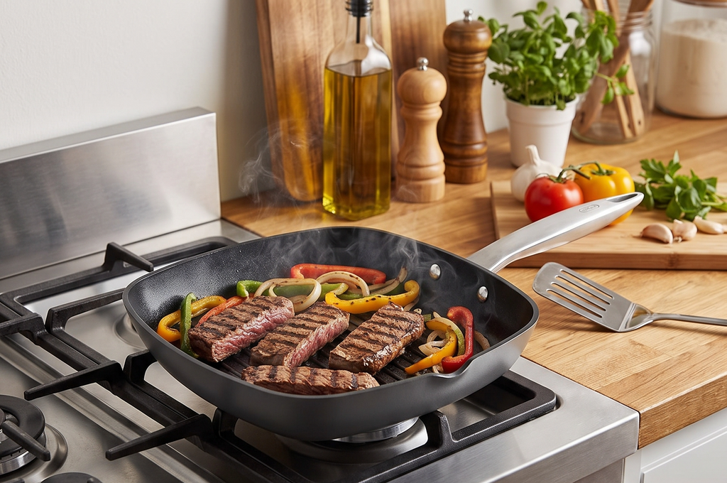 Zyliss Ultimate Pro Square Ceramic Grill Pan - Durable Grill Pan with Non-Stick Coating - Food- & Oven-Safe Pan for Grilling & More - Everyday Pan with Pouring Spout - 10"