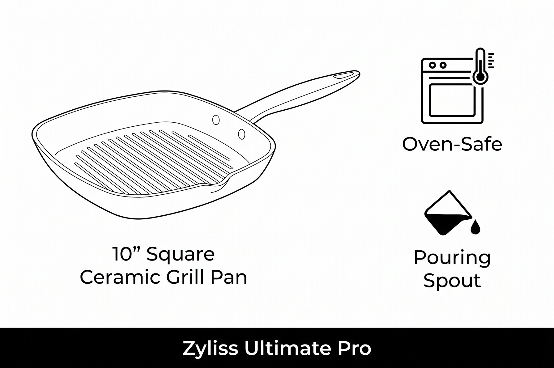 Zyliss Ultimate Pro Square Ceramic Grill Pan - Durable Grill Pan with Non-Stick Coating - Food- & Oven-Safe Pan for Grilling & More - Everyday Pan with Pouring Spout - 10"