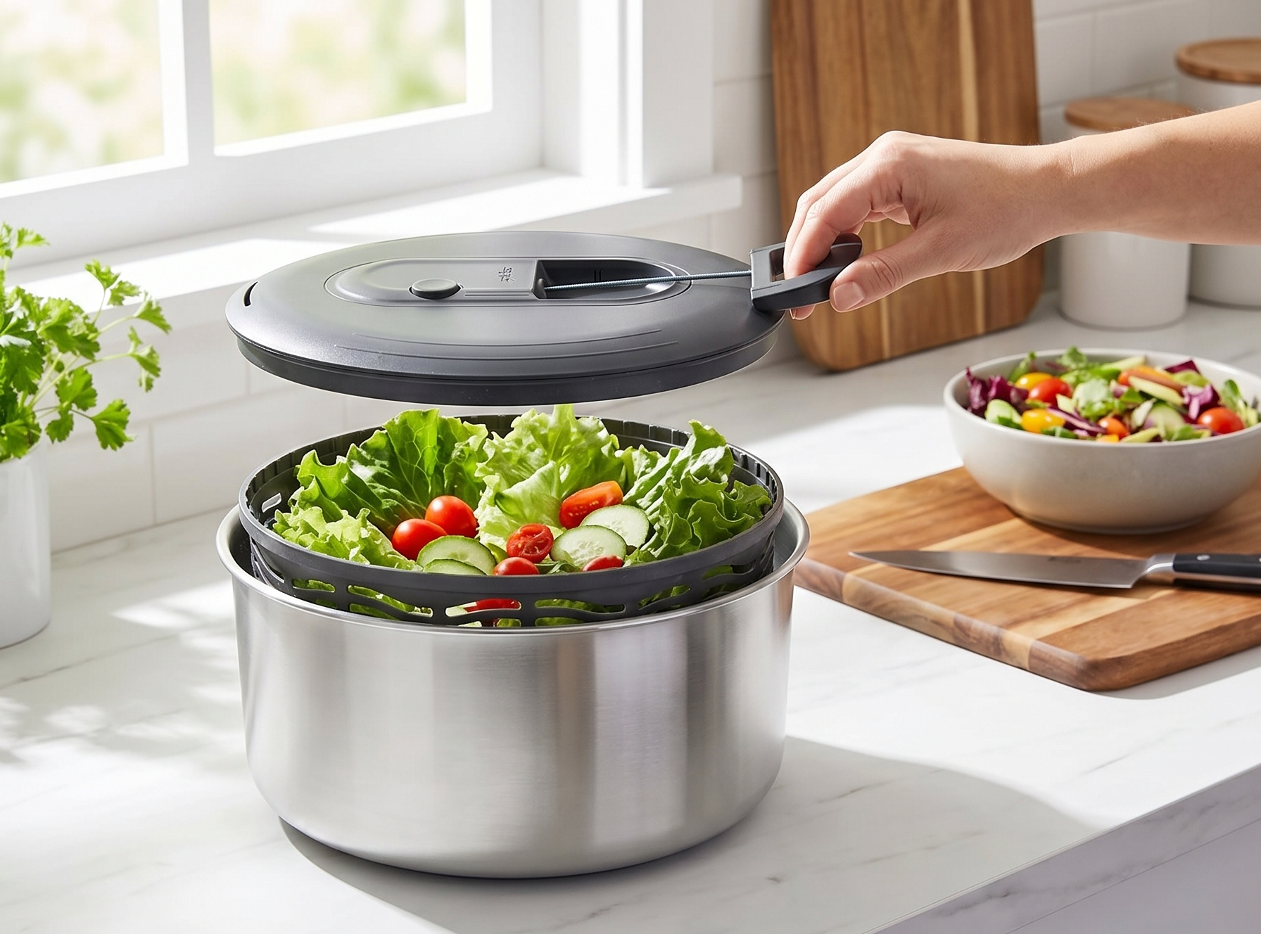 Zyliss Easy Spin Salad Spinner - Fruit & Veggie Dryer - Produce Spinner & Cleaner for Salad Prep - Dishwasher-Safe Kitchen Essential - Non-Slip Bowl with Pull Handle - New Stainless Easy Spin Small