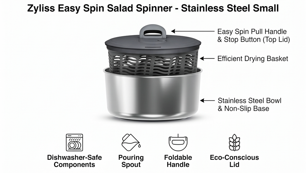 Zyliss Easy Spin Salad Spinner - Fruit & Veggie Dryer - Produce Spinner & Cleaner for Salad Prep - Dishwasher-Safe Kitchen Essential - Non-Slip Bowl with Pull Handle - New Stainless Easy Spin Small