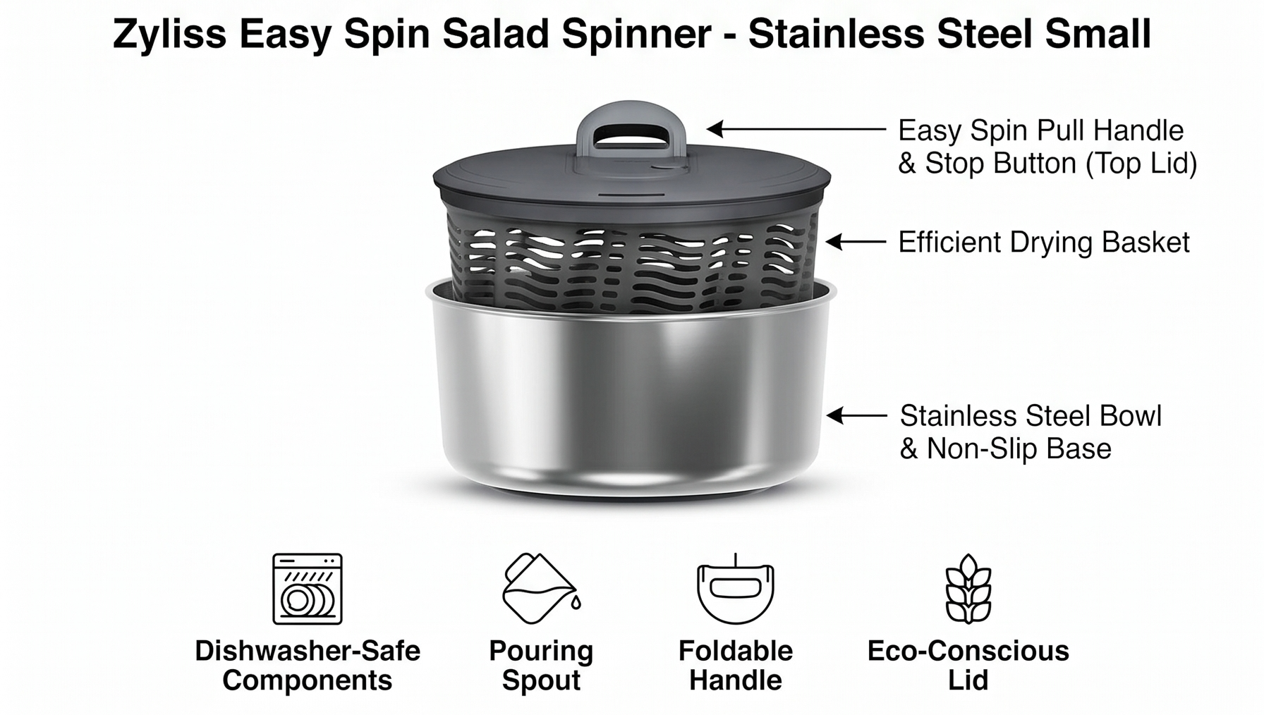 Zyliss Easy Spin Salad Spinner - Fruit & Veggie Dryer - Produce Spinner & Cleaner for Salad Prep - Dishwasher-Safe Kitchen Essential - Non-Slip Bowl with Pull Handle - New Stainless Easy Spin Small