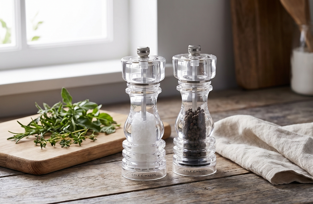 Cole & Mason London Refillable Spice Mill - Kitchen & Home Accessory - Salt & Pepper Grinder Set - Salt Mill with Ceramic Mechanism - Pepper Mill with Carbon Steel Mechanism - 7", Acrylic