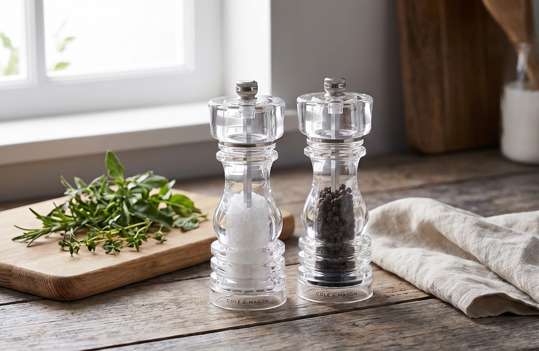 Cole & Mason London Refillable Spice Mill - Kitchen & Home Accessory - Salt & Pepper Grinder Set - Salt Mill with Ceramic Mechanism - Pepper Mill with Carbon Steel Mechanism - 7", Acrylic