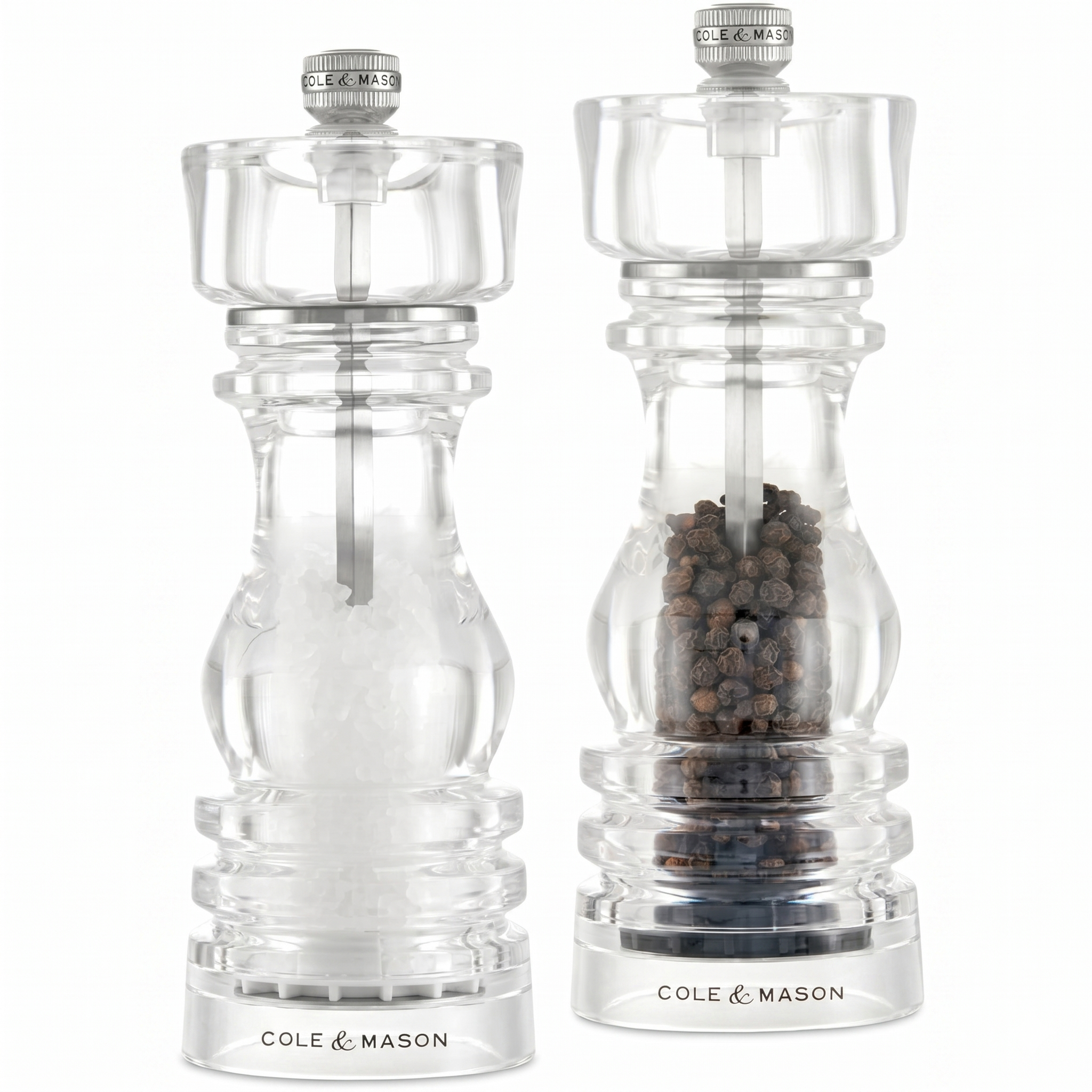 Cole & Mason London Refillable Spice Mill - Kitchen & Home Accessory - Salt & Pepper Grinder Set - Salt Mill with Ceramic Mechanism - Pepper Mill with Carbon Steel Mechanism - 7", Acrylic