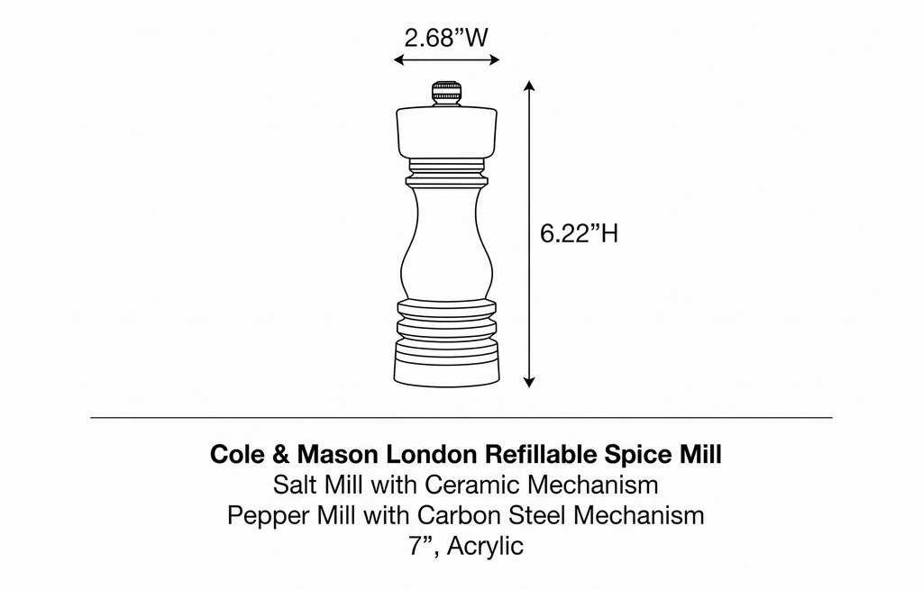 Cole & Mason London Refillable Spice Mill - Kitchen & Home Accessory - Salt & Pepper Grinder Set - Salt Mill with Ceramic Mechanism - Pepper Mill with Carbon Steel Mechanism - 7", Acrylic