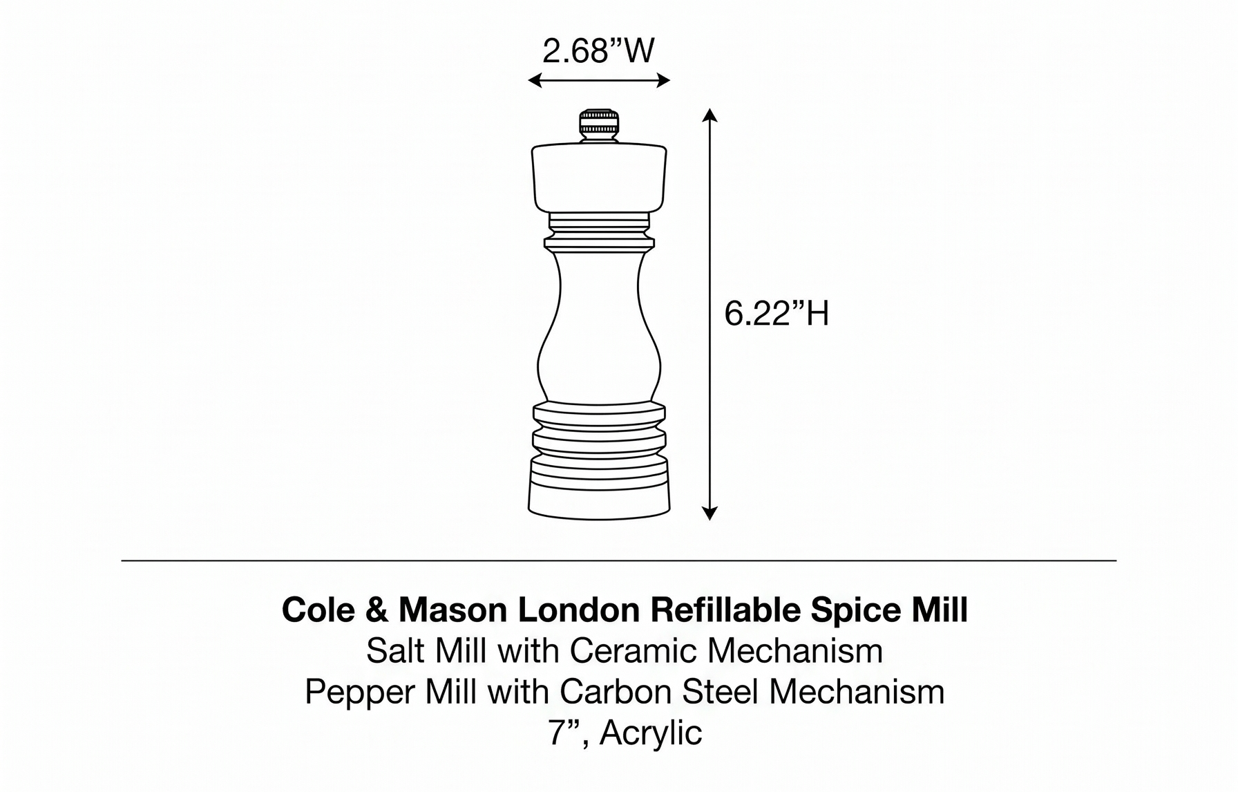 Cole & Mason London Refillable Spice Mill - Kitchen & Home Accessory - Salt & Pepper Grinder Set - Salt Mill with Ceramic Mechanism - Pepper Mill with Carbon Steel Mechanism - 7", Acrylic