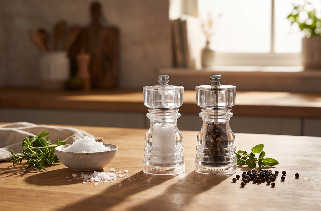 Cole & Mason London Refillable Spice Mill - Kitchen & Home Accessory - Salt and Pepper Grinder Set with Ceramic and Carbon Steel Mechanism - 5", Acrylic