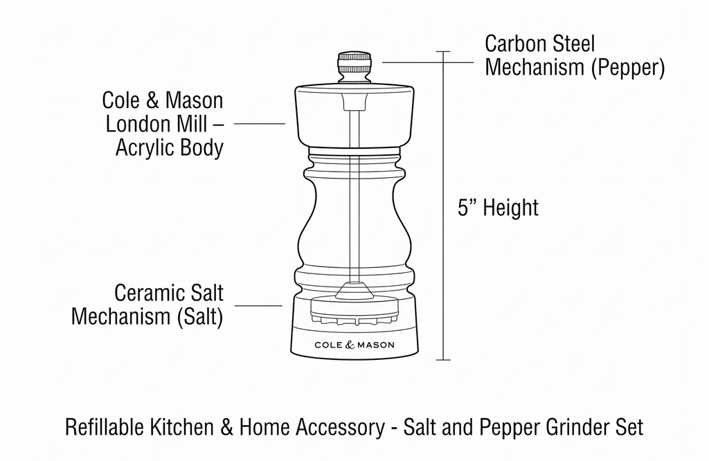 Cole & Mason London Refillable Spice Mill - Kitchen & Home Accessory - Salt and Pepper Grinder Set with Ceramic and Carbon Steel Mechanism - 5", Acrylic