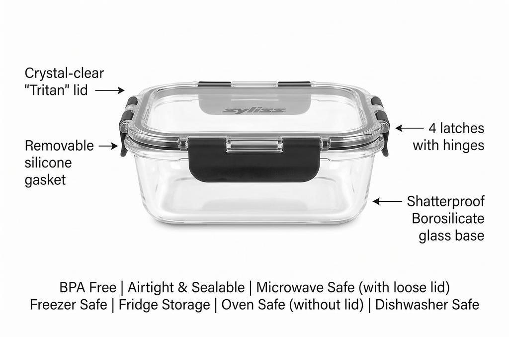 Zyliss E981067 4 Piece Glass Container Set, Shatterproof Glass, Airtight Food Storage Boxes with Sealable Lid, Microwave Safe, BPA Free, Freezer Safe, Fridge Storage, Food Container