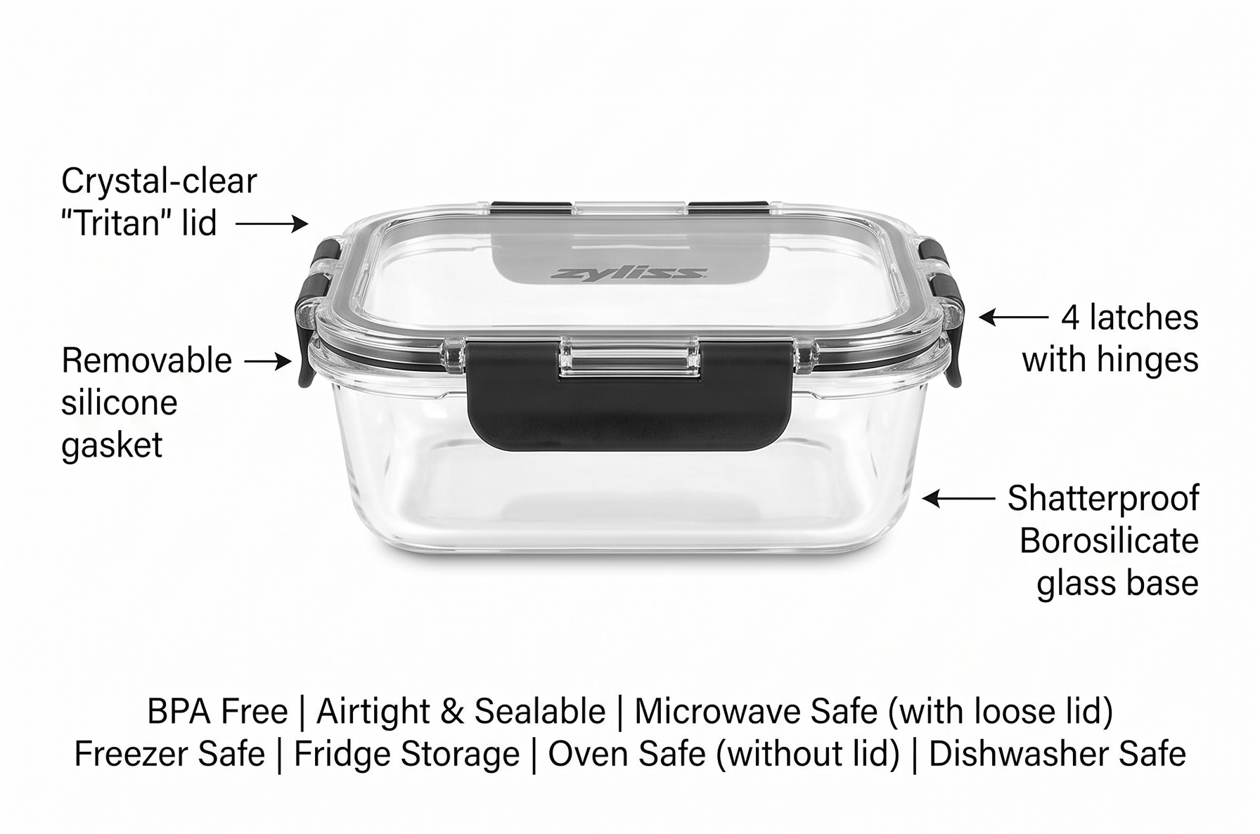 Zyliss E981067 4 Piece Glass Container Set, Shatterproof Glass, Airtight Food Storage Boxes with Sealable Lid, Microwave Safe, BPA Free, Freezer Safe, Fridge Storage, Food Container