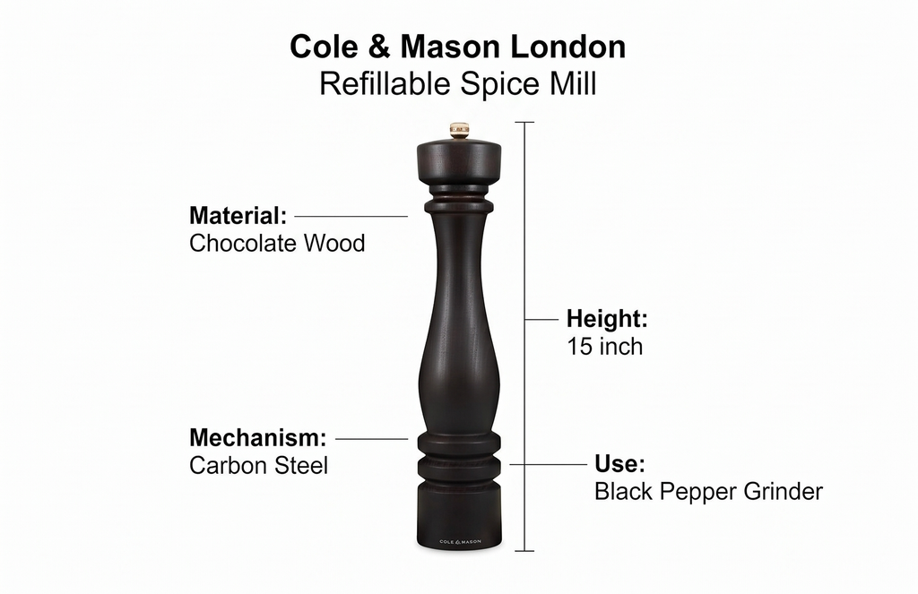 Cole & Mason London Refillable Spice Mill - Kitchen & Home Accessory - Table Black Pepper Grinder - Pepper Mill with Carbon Steel Mechanism - 15", Chocolate Wood
