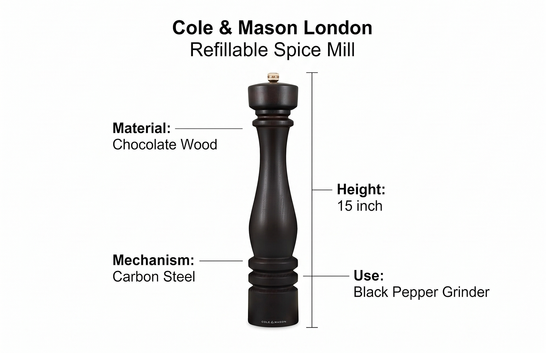 Cole & Mason London Refillable Spice Mill - Kitchen & Home Accessory - Table Black Pepper Grinder - Pepper Mill with Carbon Steel Mechanism - 15", Chocolate Wood