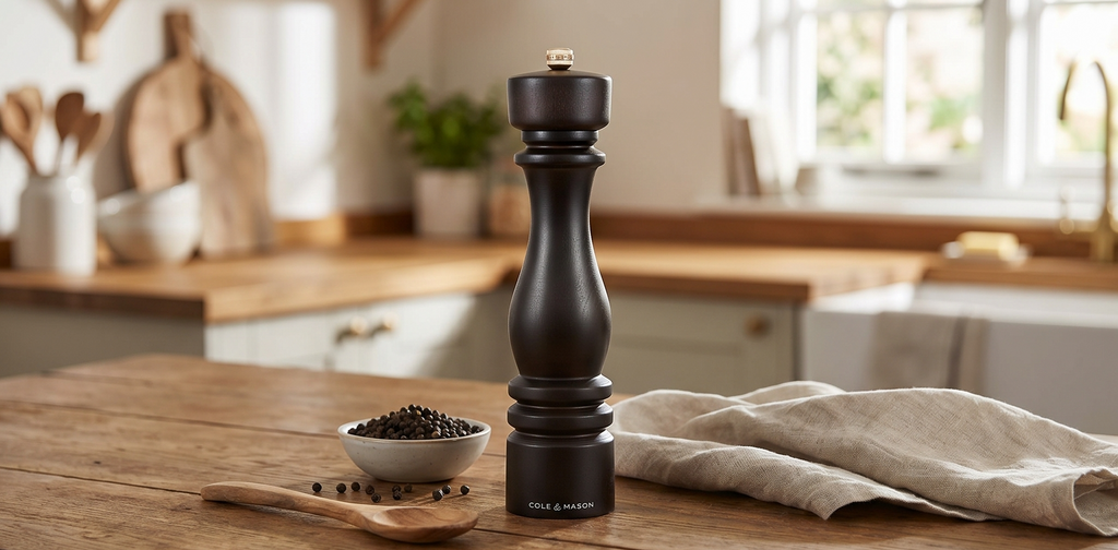 Cole & Mason London Refillable Spice Mill - Kitchen & Home Accessory - Table Black Pepper Grinder - Pepper Mill with Carbon Steel Mechanism - 11", Chocolate Wood
