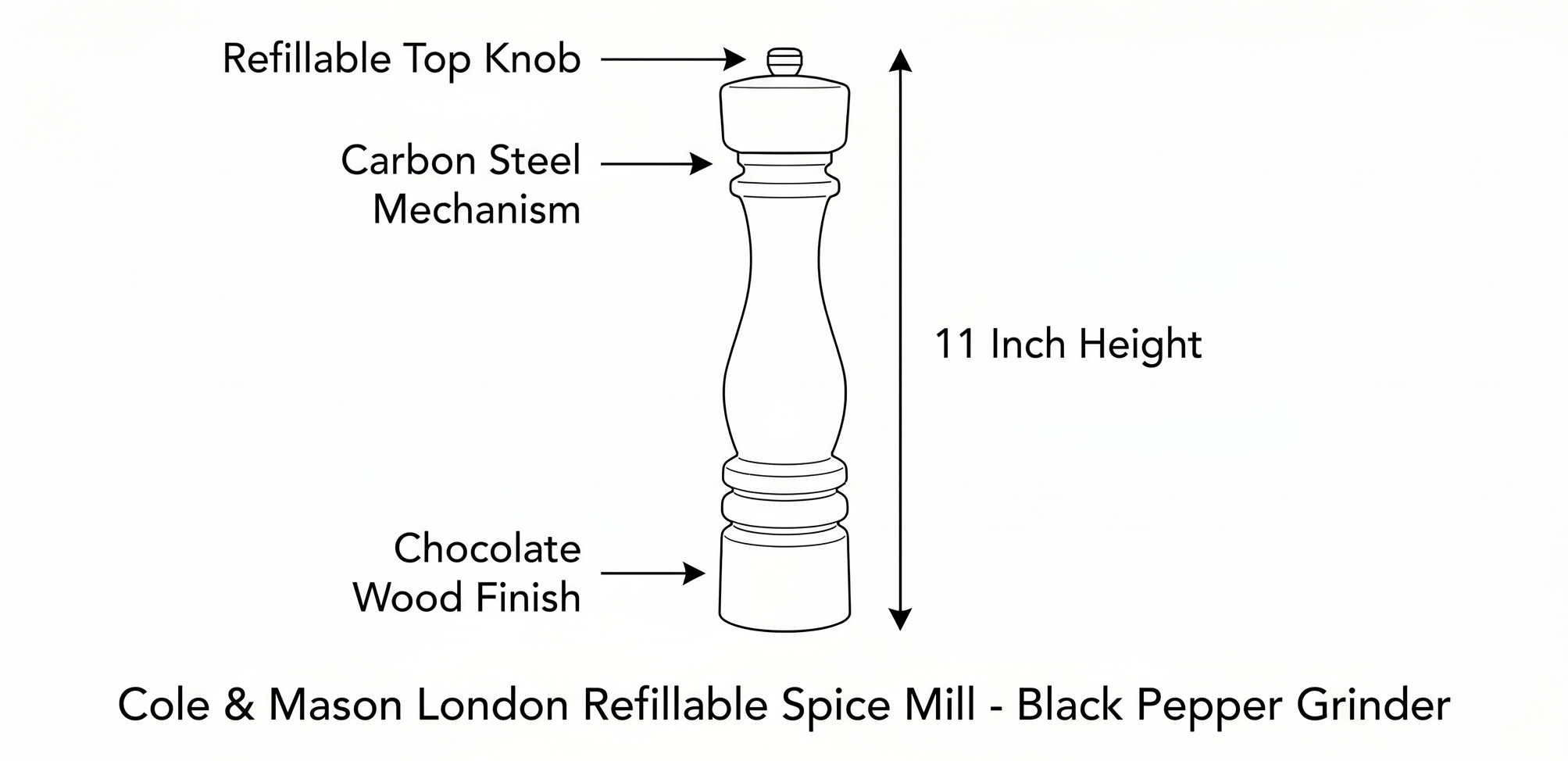Cole & Mason London Refillable Spice Mill - Kitchen & Home Accessory - Table Black Pepper Grinder - Pepper Mill with Carbon Steel Mechanism - 11", Chocolate Wood