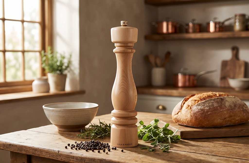 Cole & Mason London Refillable Spice Mill - Kitchen & Home Accessory - Table Black Pepper Grinder - Pepper Mill with Carbon Steel Mechanism - 11", Natural Beech