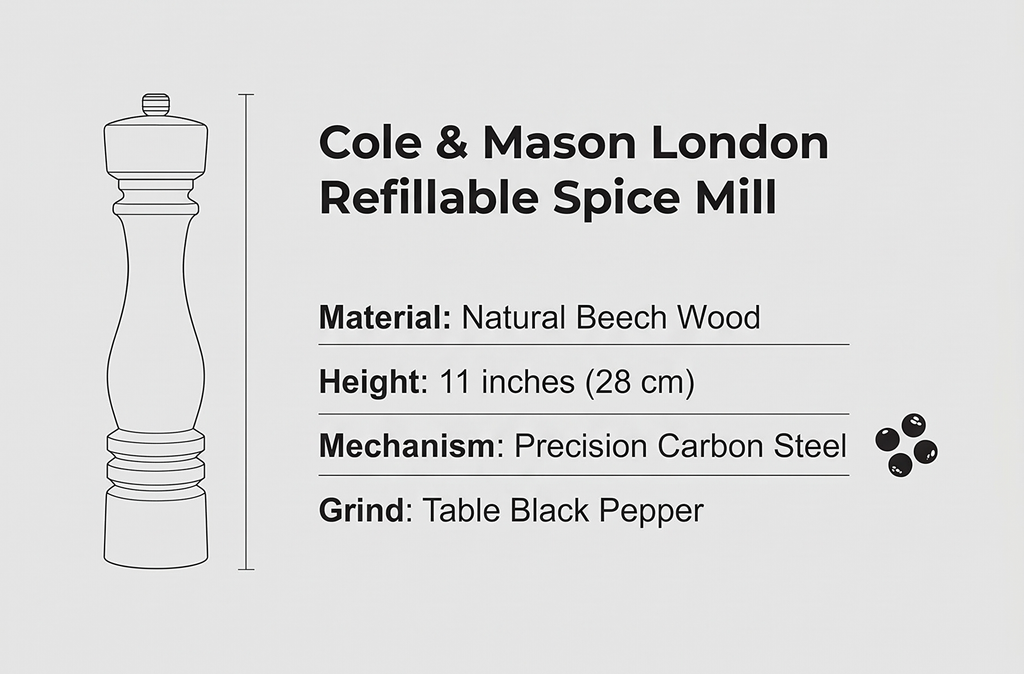 Cole & Mason London Refillable Spice Mill - Kitchen & Home Accessory - Table Black Pepper Grinder - Pepper Mill with Carbon Steel Mechanism - 11", Natural Beech