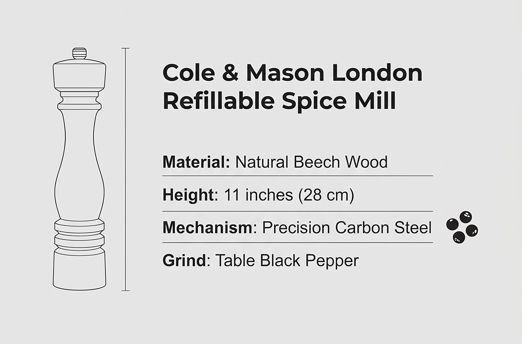 Cole & Mason London Refillable Spice Mill - Kitchen & Home Accessory - Table Black Pepper Grinder - Pepper Mill with Carbon Steel Mechanism - 11", Natural Beech