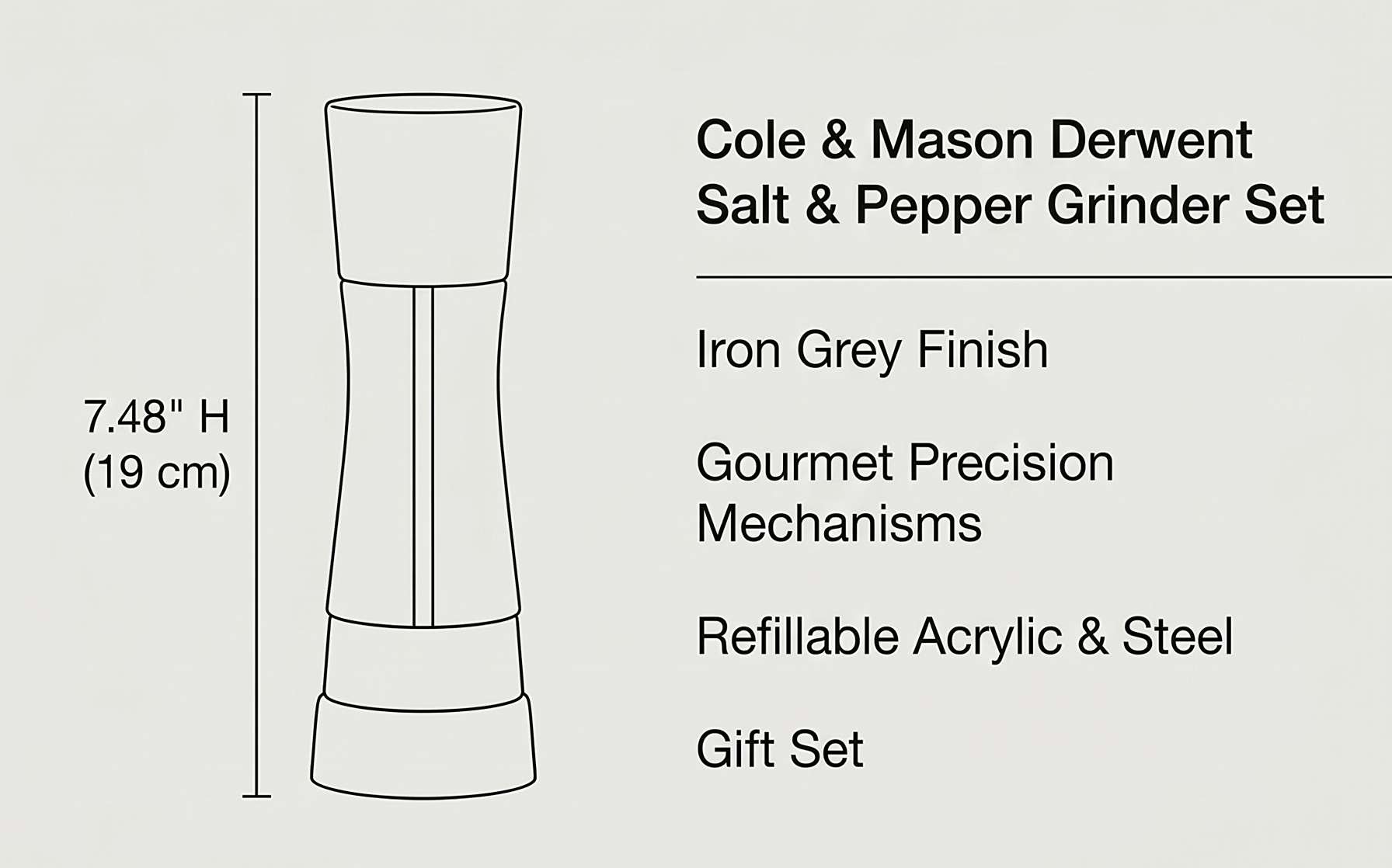Cole & Mason Derwent Salt and Pepper Grinder Set - Refillable Salt & Pepper Grinder Set with Gourmet Precision Mechanisms - Kitchen Accessories for Cooking - Gift Set, Iron Grey