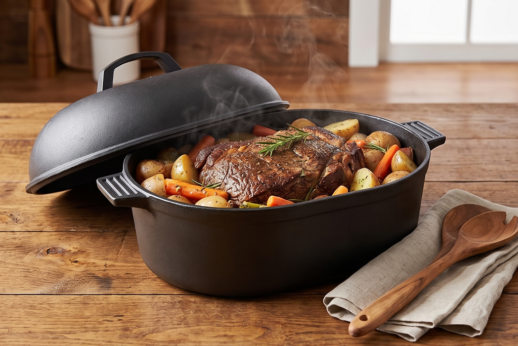 Bayou Classic 7418 12-qt Cast Iron Oval Roaster Features Domed Cast Iron Lid Perfect For Slow Cooking Roast Turkey Chicken Ham Pot Roast Stews Soups and Chili