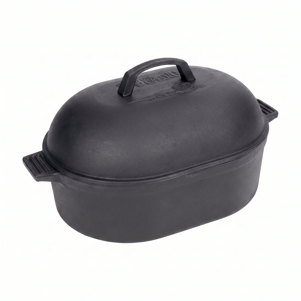 Bayou Classic 7418 12-qt Cast Iron Oval Roaster Features Domed Cast Iron Lid Perfect For Slow Cooking Roast Turkey Chicken Ham Pot Roast Stews Soups and Chili
