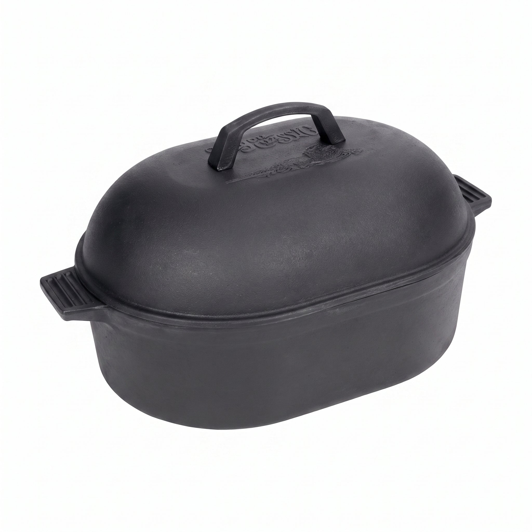 Bayou Classic 7418 12-qt Cast Iron Oval Roaster Features Domed Cast Iron Lid Perfect For Slow Cooking Roast Turkey Chicken Ham Pot Roast Stews Soups and Chili