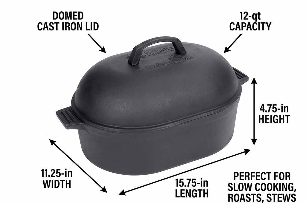 Bayou Classic 7418 12-qt Cast Iron Oval Roaster Features Domed Cast Iron Lid Perfect For Slow Cooking Roast Turkey Chicken Ham Pot Roast Stews Soups and Chili