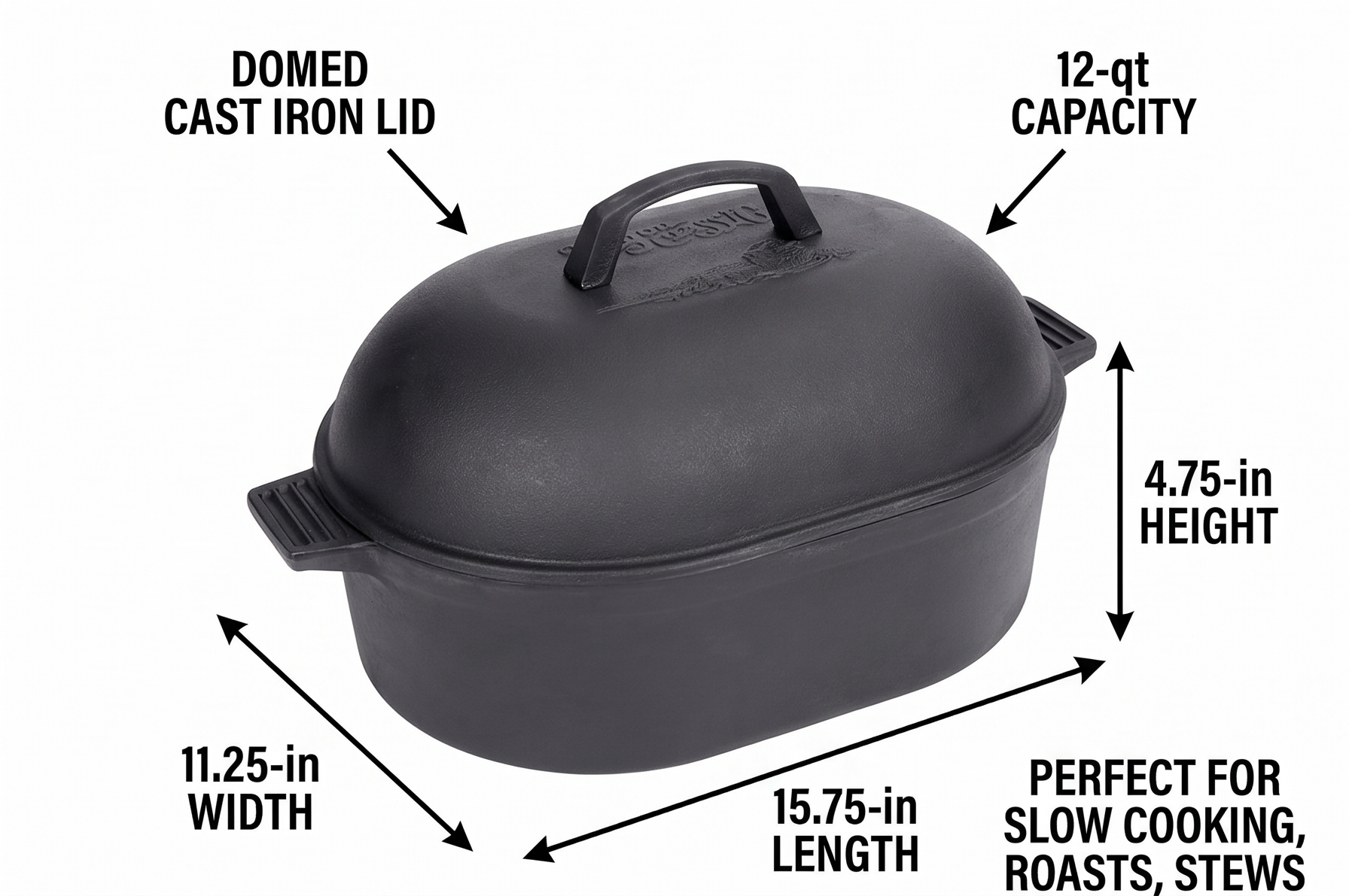 Bayou Classic 7418 12-qt Cast Iron Oval Roaster Features Domed Cast Iron Lid Perfect For Slow Cooking Roast Turkey Chicken Ham Pot Roast Stews Soups and Chili