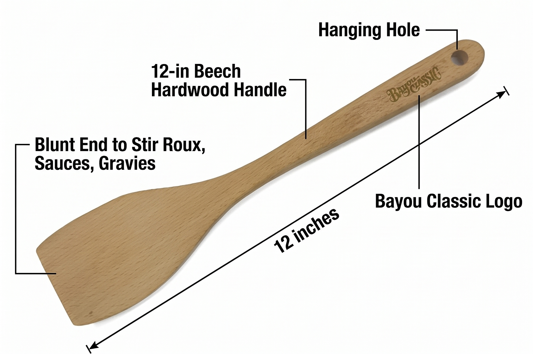 Bayou Classic 1090 12-in Bayou Wooden Roux Spoon Made from Beech Wood Perfect Complement to Bayou Cast Iron Dutch Ovens and Stockpots Ideal for Shrimp Creole Gumbo and Etouffee
