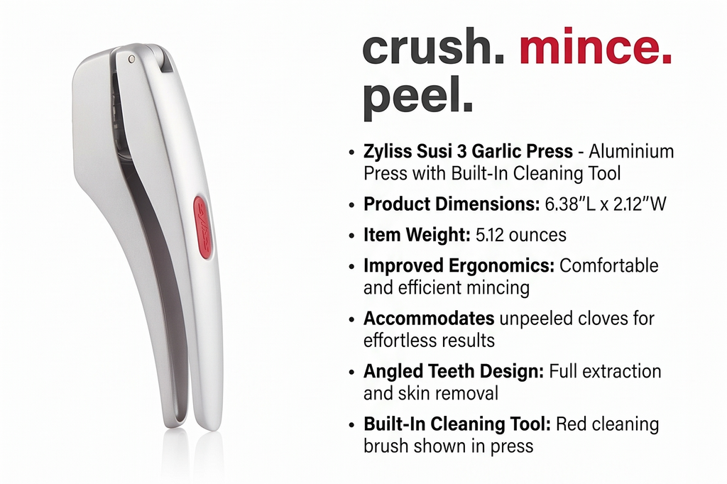 Zyliss Susi 3 Garlic Press - Aluminium Press with Built-In Cleaning Tool - Garlic Crusher, Mincer & Peeler for Unpeeled Cloves