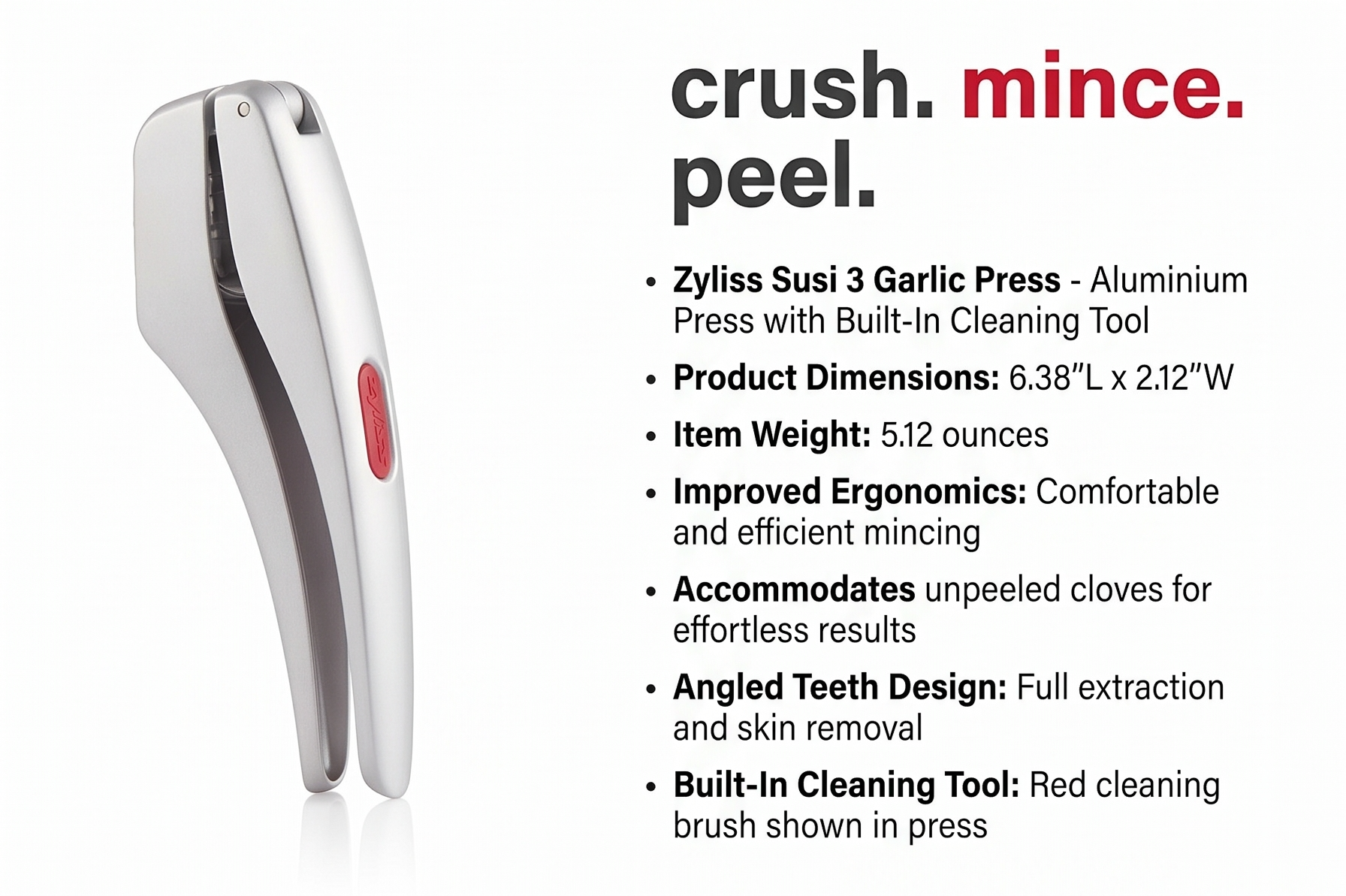 Zyliss Susi 3 Garlic Press - Aluminium Press with Built-In Cleaning Tool - Garlic Crusher, Mincer & Peeler for Unpeeled Cloves