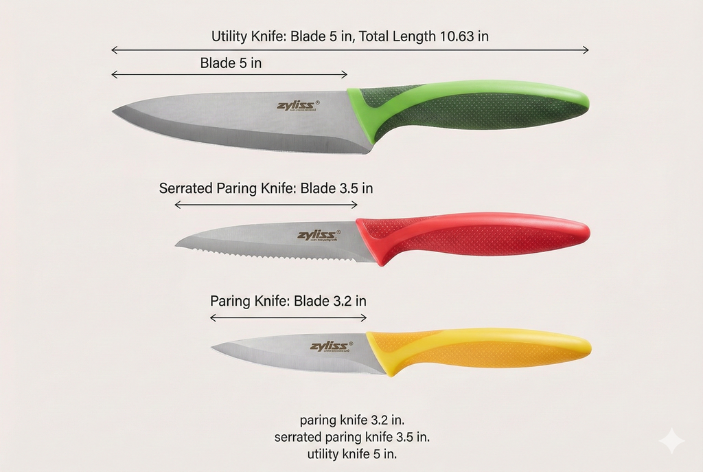 Zyliss 3 Piece Knife Value Set - Kitchen Knife Set - Kitchen Knife Set with Sheath Covers - Includes Paring, Serrated Paring & Utility Knives - Stainless Steel