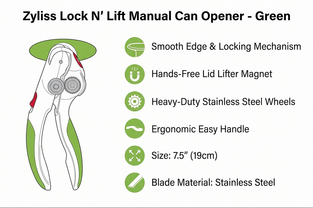 Zyliss Lock N' Lift Manual Can Opener with Lid Lifter Magnet - Heavy-Duty & Handheld Can Opener - Kitchen Gadget for Can Opener Safety - Manual Can Opener for Smooth Edge - Green