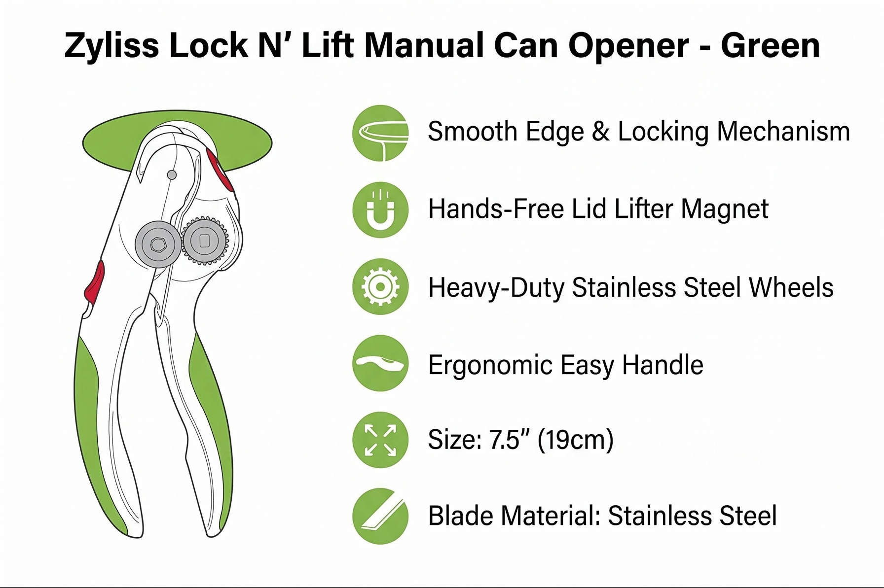 Zyliss Lock N' Lift Manual Can Opener with Lid Lifter Magnet - Heavy-Duty & Handheld Can Opener - Kitchen Gadget for Can Opener Safety - Manual Can Opener for Smooth Edge - Green