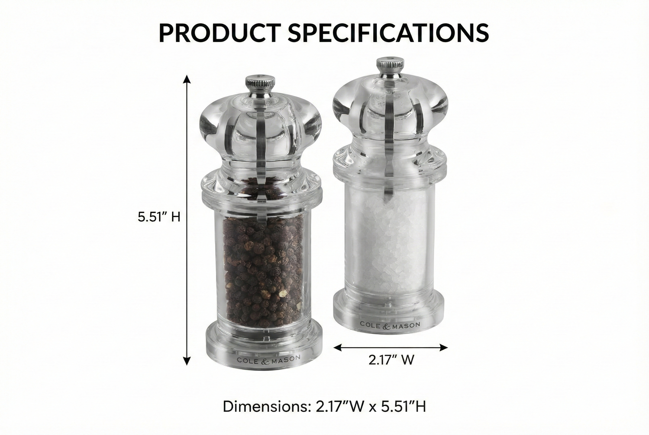 COLE & MASON 505 Salt and Pepper Grinder Set - Clear Acrylic Mills Includes Precision Mechanisms and Premium Sea Salt and Peppercorns