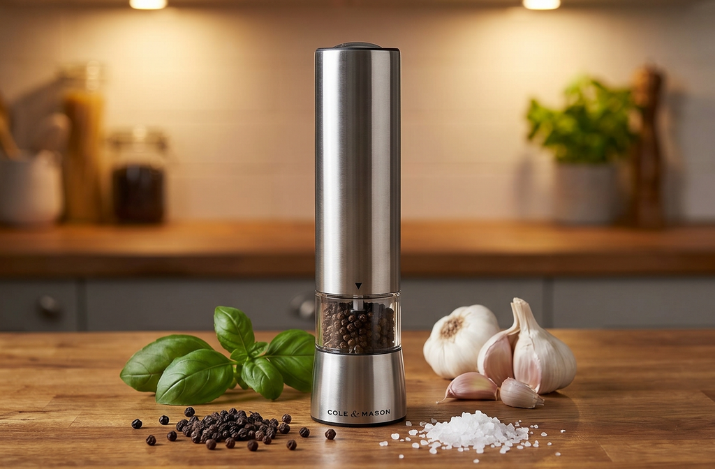 Cole & Mason Hampstead Electronic Pepper Mill - Electric Pepper Grinder Set - Adjustable Electric Spice Grinder - Hand Wash - Stainless Steel