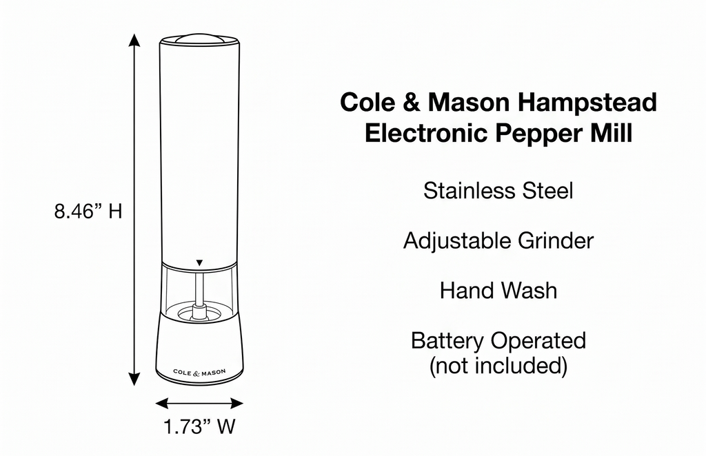 Cole & Mason Hampstead Electronic Pepper Mill - Electric Pepper Grinder Set - Adjustable Electric Spice Grinder - Hand Wash - Stainless Steel