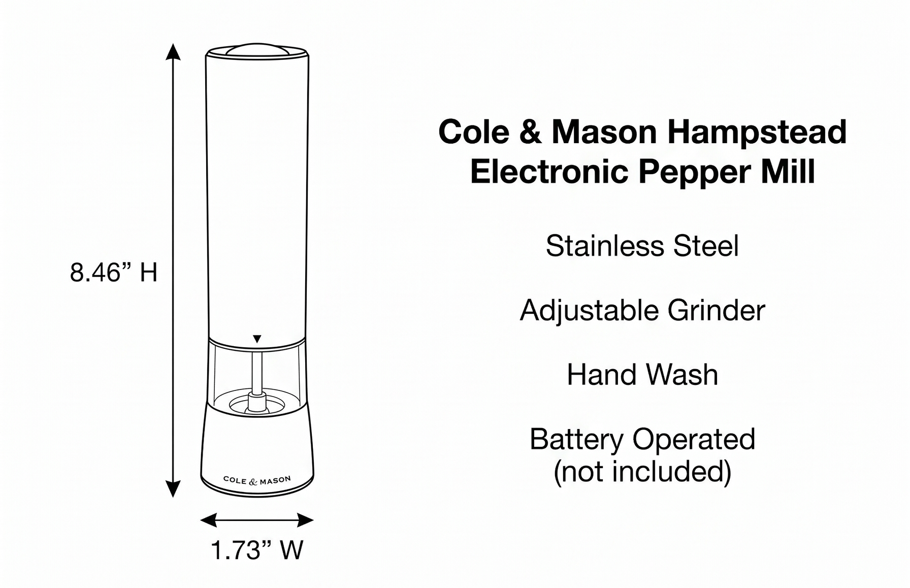 Cole & Mason Hampstead Electronic Pepper Mill - Electric Pepper Grinder Set - Adjustable Electric Spice Grinder - Hand Wash - Stainless Steel