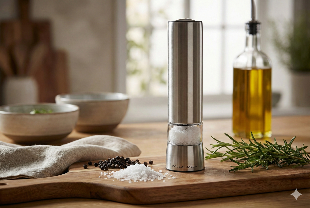 Cole & Mason Hampstead Electronic Salt Mill - Electric Salt Grinder Set - Adjustable Electric Spice Grinder - Kitchen Tool & Gadget - Hand Wash - Stainless Steel