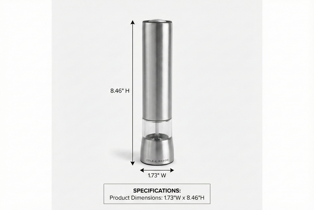Cole & Mason Hampstead Electronic Salt Mill - Electric Salt Grinder Set - Adjustable Electric Spice Grinder - Kitchen Tool & Gadget - Hand Wash - Stainless Steel