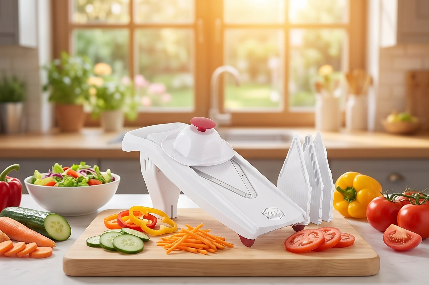 Swissmar Börner VPower V-Slicer Mandoline – Professional Kitchen Tool with Adjustable Thickness – Precision Food Slicer for Vegetables, Julienne, Shredding – Includes Safety Holder & Inserts - White